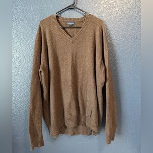 Lands End Mens V Neck Sweater Brown Merino Wool Blend Knit XL Talls